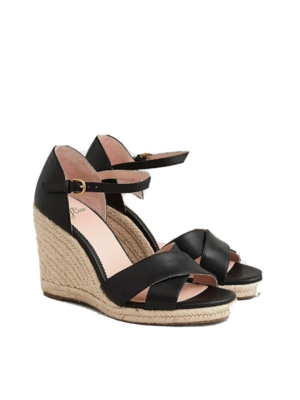 Brand New J. Crew Leather CrossStrap Espadrille Wedge Sandal in Black, Size 8